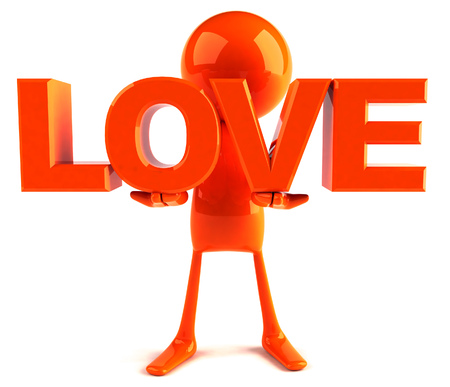 3D character holding the word loveの写真素材