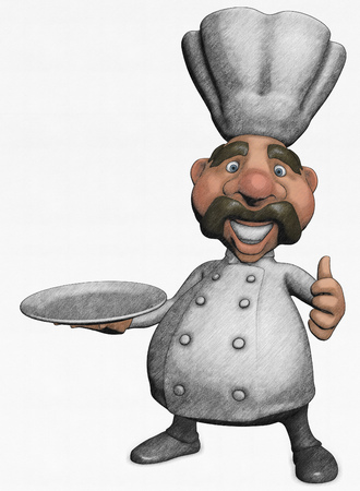 Chef character holding a plate showing thumbs upの写真素材
