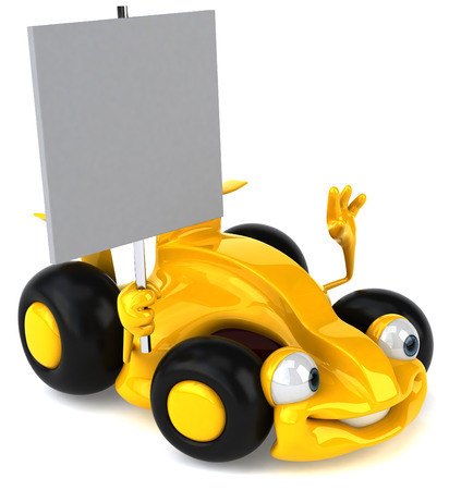Cartoon yellow racing car with signboardの写真素材