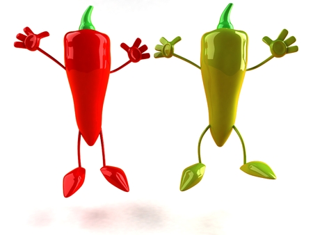 Cartoon red and green chili peppers jumpingの写真素材