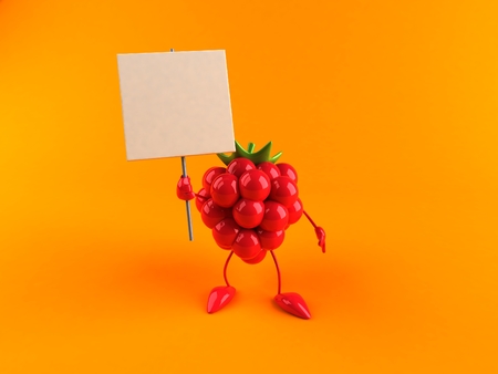 Cartoon raspberry with signboardの写真素材
