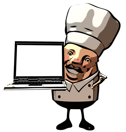 3D chef character holding a laptopの写真素材