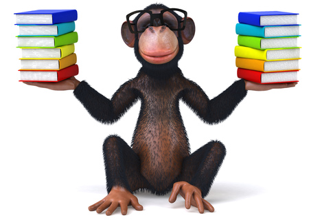 3D chimpanzee with two stacks of booksの写真素材