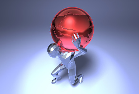 3D crystal man carrying a globeの写真素材