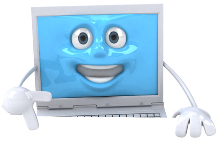 Cartoon laptop character pointing downwardの写真素材