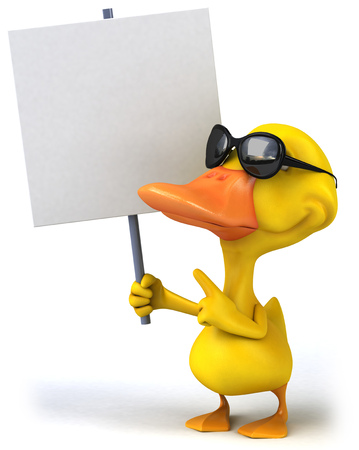Duck character with shades holding a signboardの写真素材