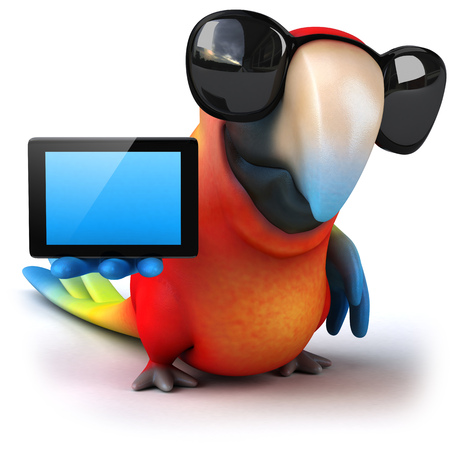 Parrot character with shades holding a digital tabletの写真素材
