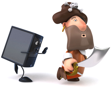 Cartoon computer character chasing pirateの写真素材