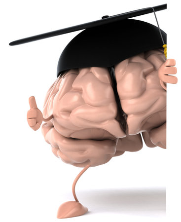 3D brain character with graduation hat showing thumbs up gesture