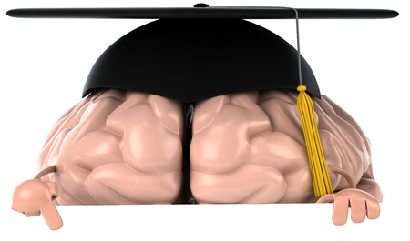 3D brain character with graduation hat pointing downwardの写真素材