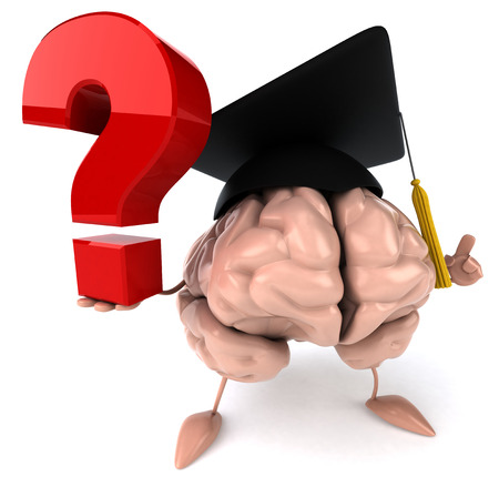 3D brain character with graduation hat holding a question markの写真素材