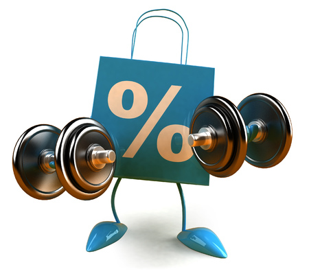 3D shopping bag character with dumbbellsの写真素材