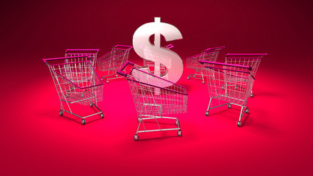 3D Dollar currency symbol surrounded by shopping cartsの写真素材