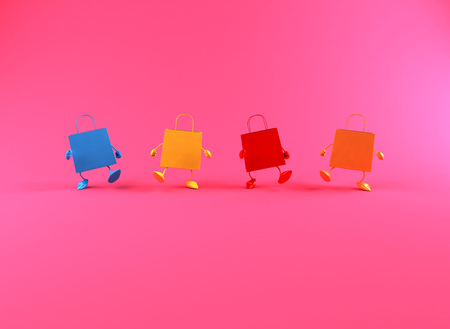 Cartoon shopping bag characters are walkingの写真素材