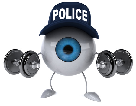 Police eyeball character holding dumbbellsの写真素材