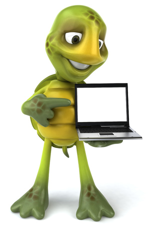 Tortoise character pointing at a laptopの写真素材