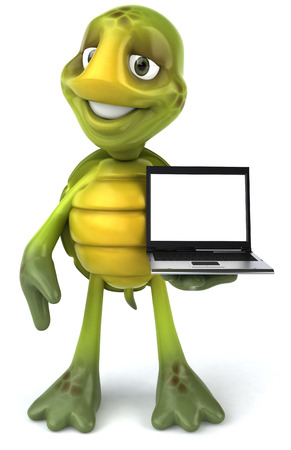 Tortoise character holding a laptopの写真素材