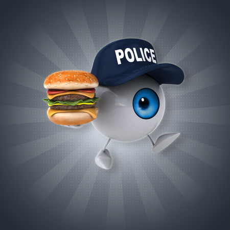 Eyeball character with police hat holding a hamburgerの写真素材