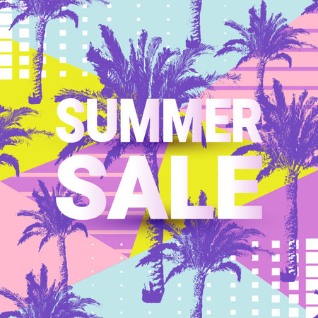 SUMMER SALE card with a pattern of hand drawn palm leaves on abstract geometrci background. Retro...