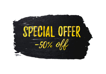 Special Offer -50 OFF sale banner isolated on white background. Hand drawn brush stroke design element. Sale tag, discount sticker for shop advertising. Vector illustrationのイラスト素材