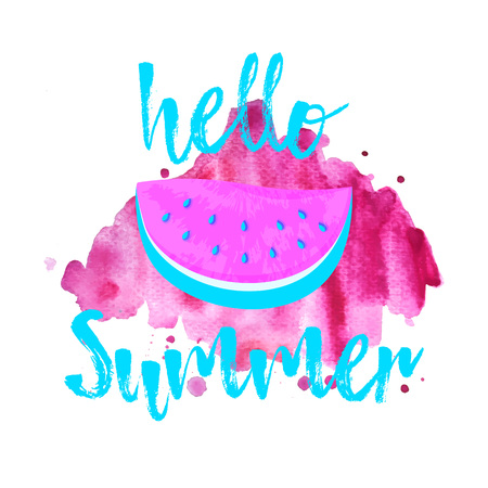 Hello Summer greeting card with pink Watermelon. Hand drawn Hello Summer lettering on watercolor background. Cute print for t-shirt, congratulation message. Vector Illustration typography backgroundのイラスト素材
