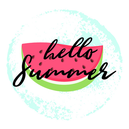 Hello Summer greeting card with red Watermelon. Hello Summer lettering on hand drawn brush background. Cute print for t-shirt, congratulation message. Vector Illustration background with cartoon Watermelonのイラスト素材