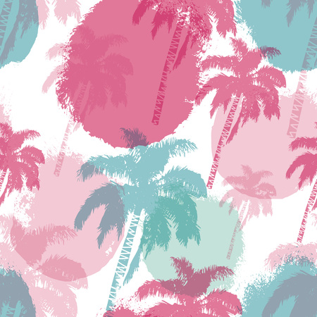 Hand drawn palm trees seamless pattern isolated on brush background. Exotic trendy design with tropical coconut palm tree. Design element for t-shirt, textile print, web, poster. Vector illustration eps 10 file.のイラスト素材