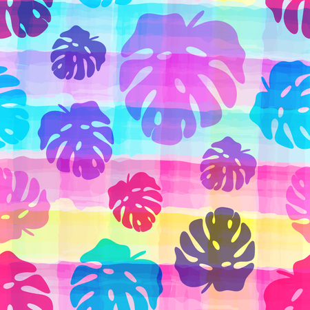 Seamless pattern of tropical leaves on the watercolor stripped background.のイラスト素材