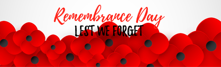 Remembrance Day web header. Lest We forget caslligraphy. Poppy flowerf peace. Memorial banner, card.の写真素材