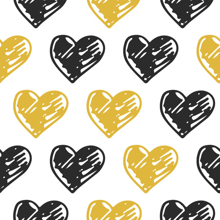 Cute Seamless Hand drawn Hearts pattern. White, Black and Gold Ink design for t-shirt, dress, cloths. Sketchy Valentine's Day or Wedding background. Vector illustration EPS 10 file.のイラスト素材