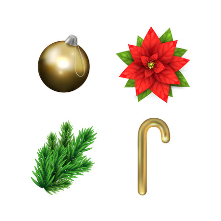 Christmas set of realistic holidays decoration. Xmas ball, Red Poinsettia flower, golden candy and bright christmas tree branch. Glossy vector illustration elements for greeting cards web design.のイラスト素材
