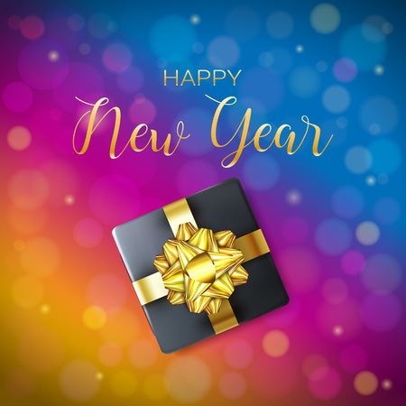 Happy New Year banner decorated with realistic Gift Box on shiny bokeh background. Glossy concept design for Xmas winter holidays. Vector illustrationのイラスト素材