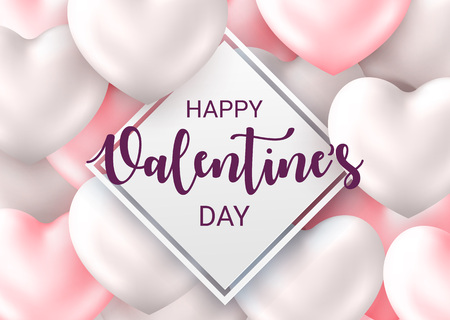 Happy Valentines Day holidays poster with 3d metall shiny Heart Pastel colored. Greeting text on soft pink background.のイラスト素材