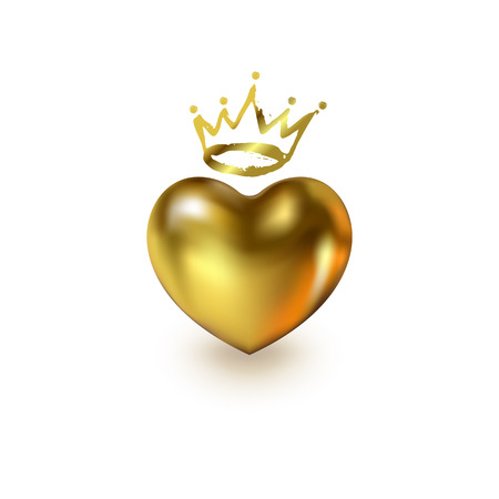 Gold Love Realistic Heart with golden Crown isolated on white background. Shiny 3d elegant symbol for queens or kings design idea. Valentine's Day greeting card, tag, sticker. Vector illustration.のイラスト素材