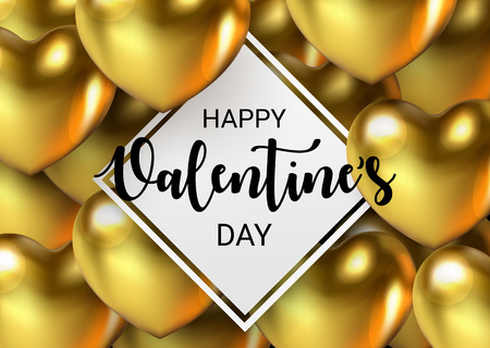 Beautiful Happy Valentine's Day banner with 3d metallic glossy Hearts Gold color. Glossy festive web poster for St. Valentine holidays. Vector illustrationのイラスト素材