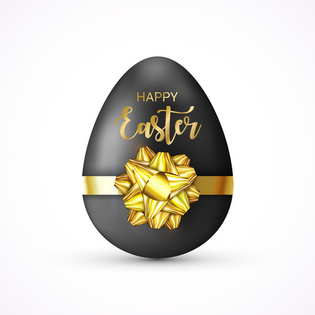 Happy Easter lettering card. Black Easter Egg tied of Gold ribbon and gift bow. Eggs Hunt. Cute festive holidays symbol for e-mail newsletter, sale banners, voucher, advertisement. Vector Illustrationのイラスト素材