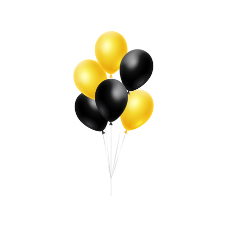 Realistic glossy bunch of Helium Balloons floating in the air. Black and Yellow baloon. Celebration design element for Birthday, sale concept, anniversary, invitation cards. Vector Illustrationのイラスト素材