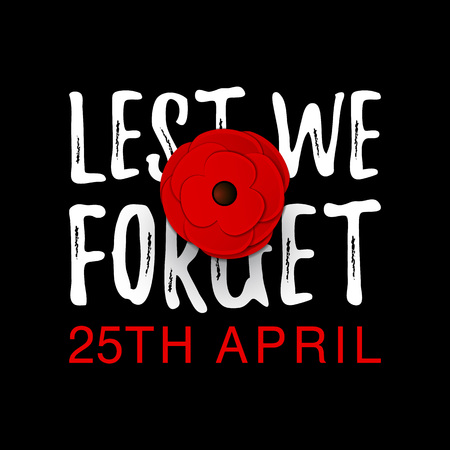 Anzac Day memorial poster. Realistic Red Poppy flower - international symbol of peace. Lest We Forget text. 25th April date. Remembrance Day. Vector Illustration EPS 10 file.のイラスト素材