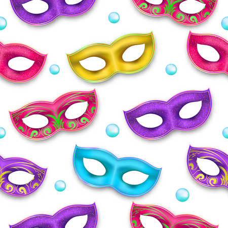 Mardi Gras endless pattern. Venetian painted Carnival Mask collection. Masquerade realistic party decor with confettiのイラスト素材