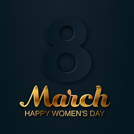 8 March greeting banner to International Women's Day. Gold Lettering. 3d paper cut number 8 isolated on black background. Luxury romantic card, tag, flyer, postcard, poster design. Vector Illustration.のイラスト素材