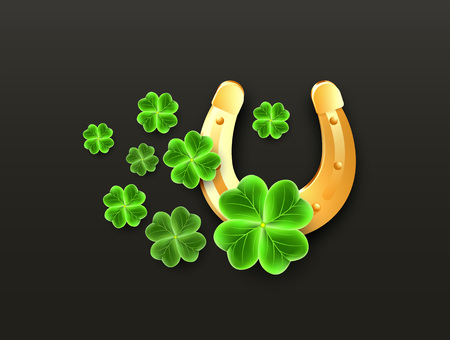 3d Gold Horseshoe and Clover Leaf icons to San Patricks Day holiday. Horse Shoe, Shamrock lucky symbols for Irish festival, Scottish ornament. Good luck sign.のイラスト素材