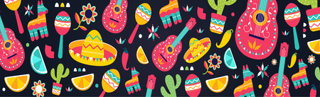 Cinco de Mayo Seamless Pattern for festival in Mexico, fashion imprint. T-shirt print of traditional Mexican ethnic symbols with maracas, pinata, fruits, sombrero, cactus, guitar. Vector illustrationのイラスト素材