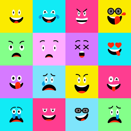 Emojis icons Set flat style. Cute Emoticons square icons. Funny, Cheerful and Sad Faces. Smiles colorful pattern. For mobile keyboard app, messenger. Expressive cartoon avatar. Vector illustrationのイラスト素材