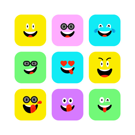 Happy Emojis icons Set. Emoticons to World Smile Day. Cheerful, Lol, Enjoying Faces. Color Smiles for app, messenger. Expressive avatar.のイラスト素材