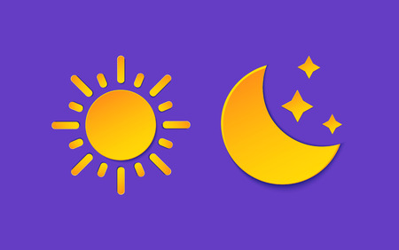Sun and Moon Weather forecast info set. Yellow Day, Night symbol, star paper cut style. Climate weather element. Trendy button for Metcast report mark, meteo mobile app, web.のイラスト素材