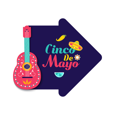 Cinco de Mayo Mexican festive banner. Poster of Latin culture symbols guitar, sombrero, lemon fruit, hot chili pepper. Federal holiday in Mexico. Cinco de Mayo paper Fiesta card. Vector illustrationのイラスト素材