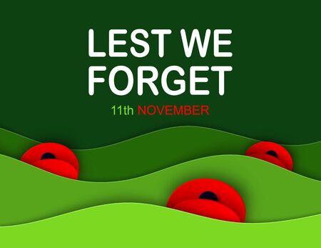 Vector Remembrance Day web layered banner. Paper cut Red Poppy flower International symbol of Peace. Anzac, Memorial, Veterans Day header, card, poster, flyer, invitation. Military paradeのイラスト素材
