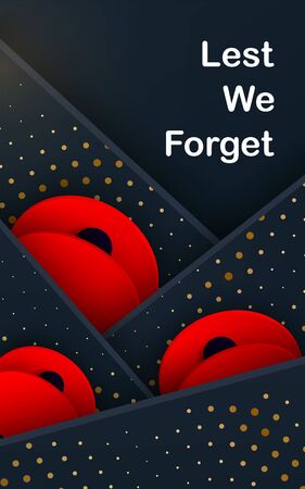 Black layers Vector Lest We Forget card. Craft Red Poppies Field Remembrance Day banner. Papercut Poppy flower peace symbol. Anzac, Memorial, Veteran header. Military letteringのイラスト素材