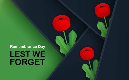 Vector Lest We Forget. Craft Red Poppies Field Remembrance Day banner. Papercut Poppy flower peace symbol. Anzac, Memorial, Veteran header, card, poster, flyer, invitation. Military parade. Letteringのイラスト素材