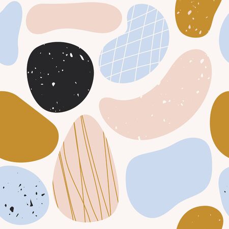 Vector Seamless repeating pattern of organic shapes pastel colors. Cute notepad cover, invitations, flyer, newsletter, card, packaging and branding design. Doodle papercut collageのイラスト素材